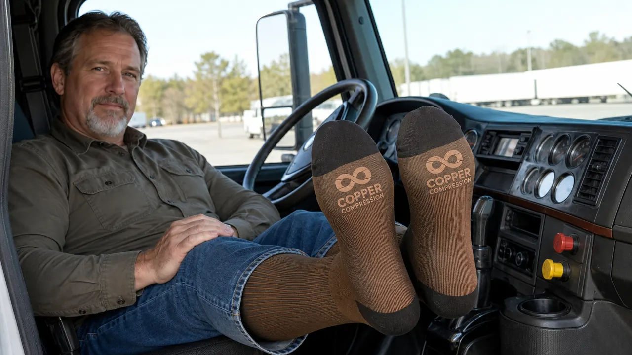 Close-up of Copper Compression Socks being worn by a truck driver in the cab of a semi