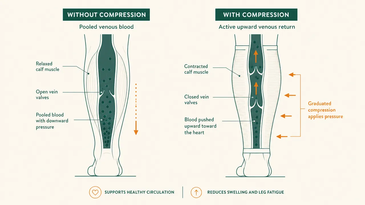Diagram showing blood circulation in legs with and without compression socks, venous return arrows