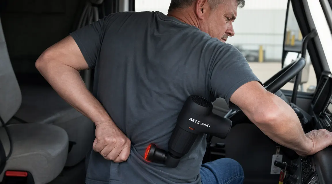 Close-up of the AERLANG massage gun with heat attachment being held over a lower back muscle