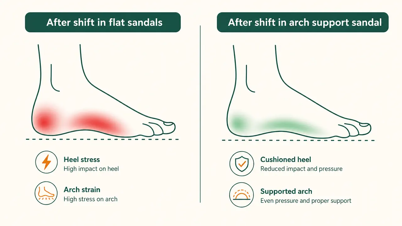 Side-by-side foot comparison showing swollen foot versus recovered foot after wearing arch support sandal