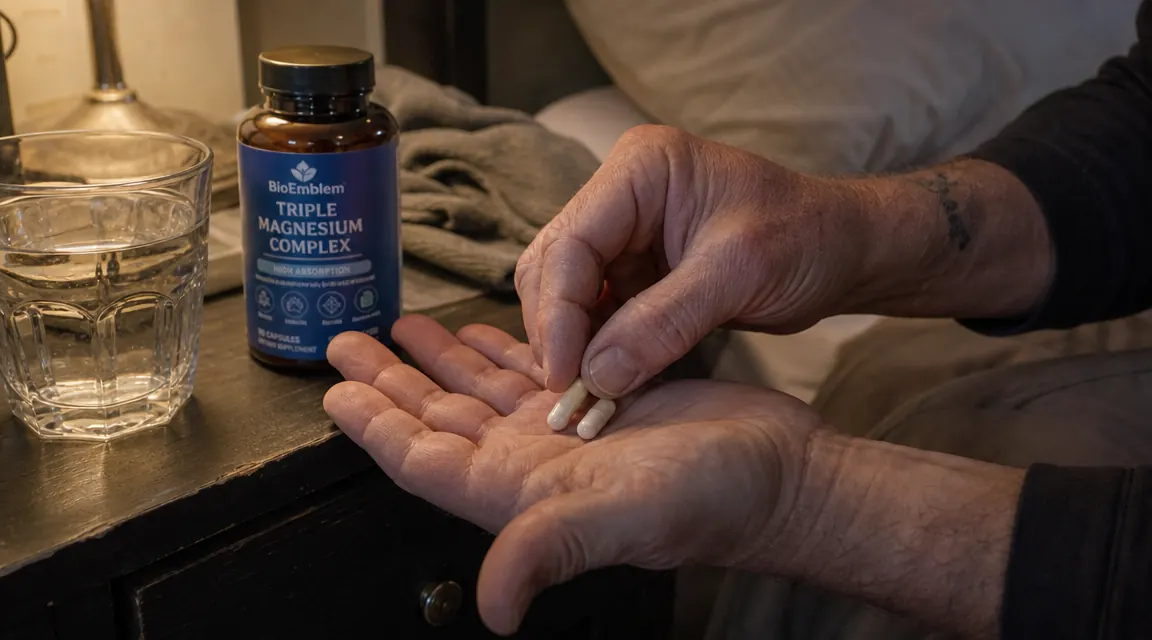 Hand tipping two magnesium capsules into palm beside a glass of water on a wooden nightstand