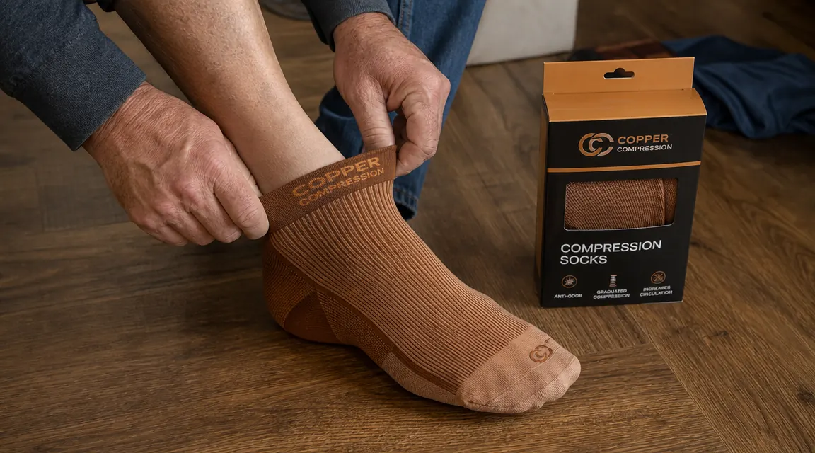 Close-up of copper compression socks being pulled on over a bare foot and ankle
