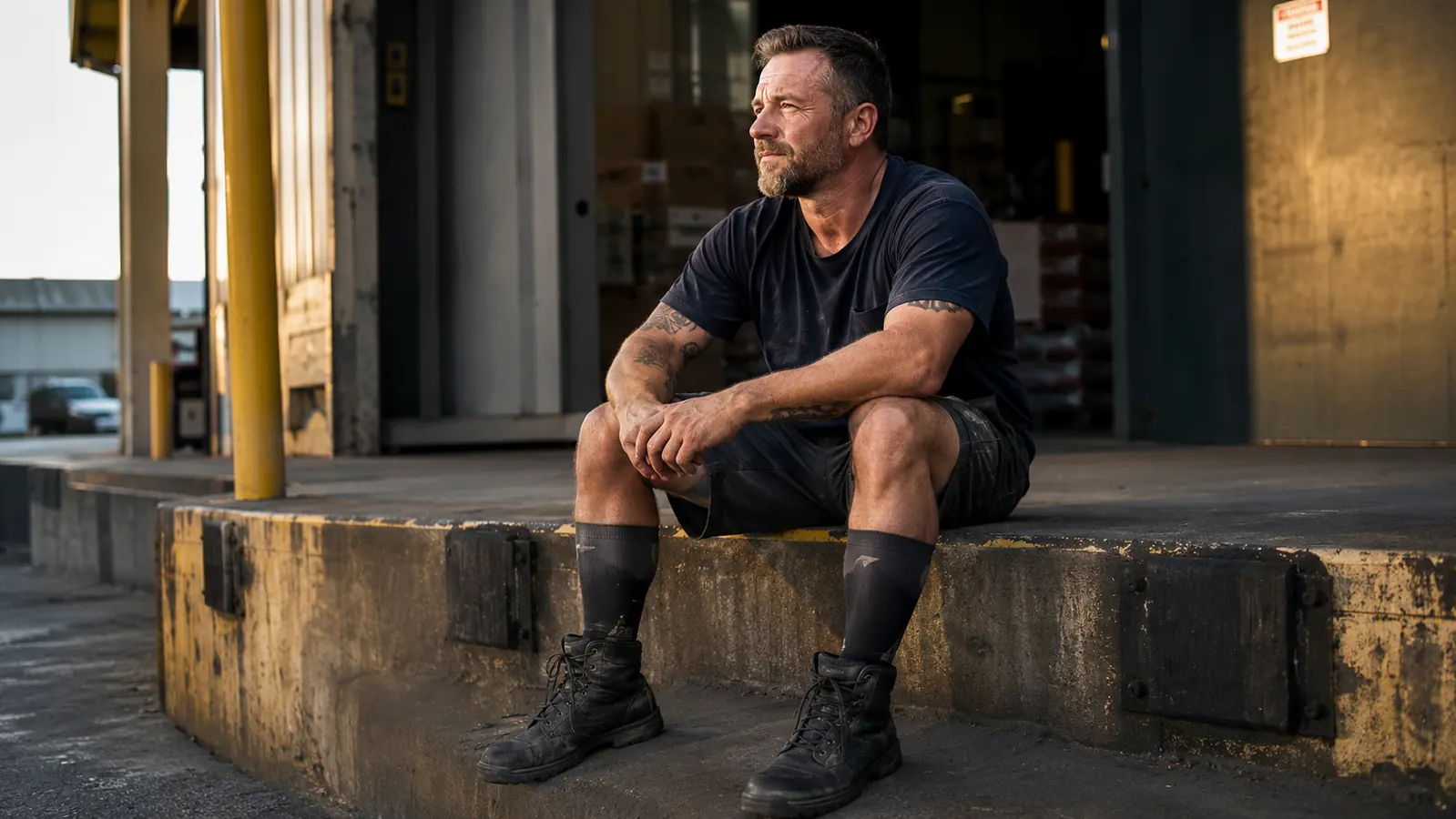Worker in compression socks sitting on the edge of a dock resting after unloading