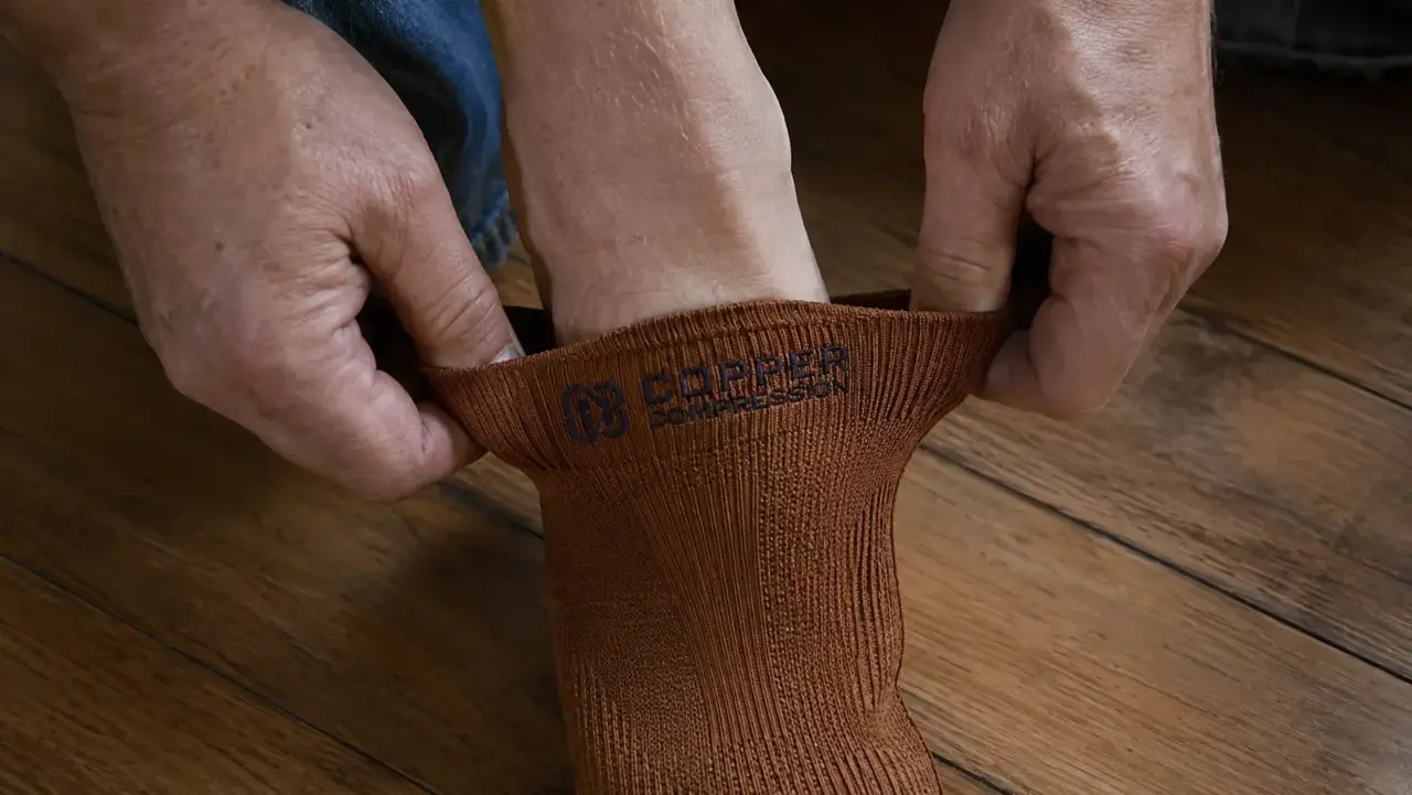 Hands stretching a compression sock open wide to pull it onto a foot before a long driving shift