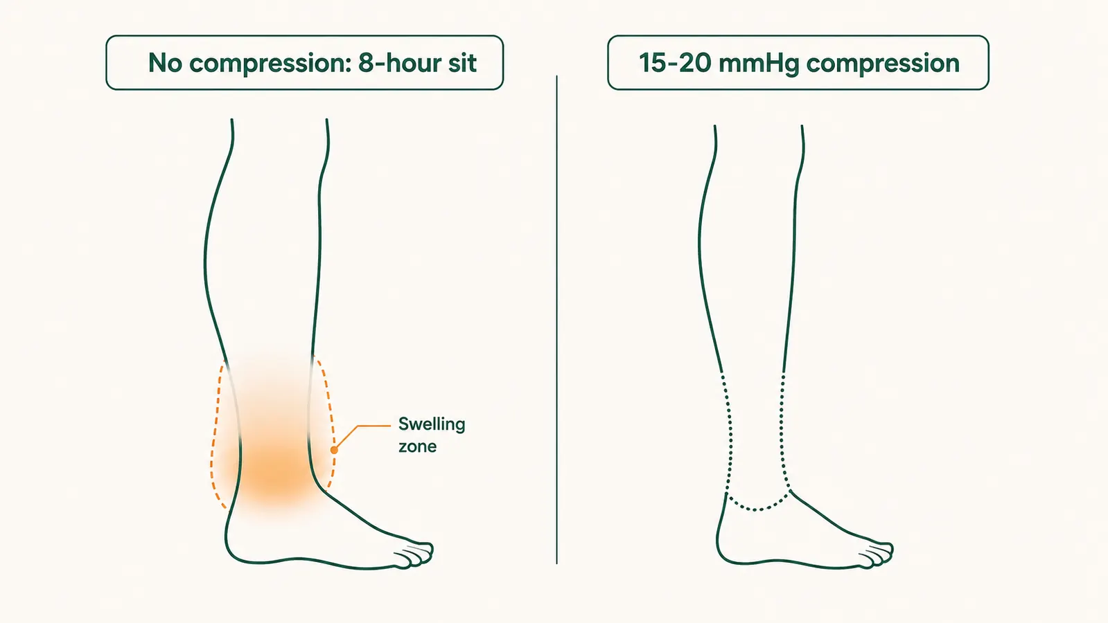 Infographic comparing ankle swelling before and after wearing 15-20 mmHg compression socks on an eight-hour shift
