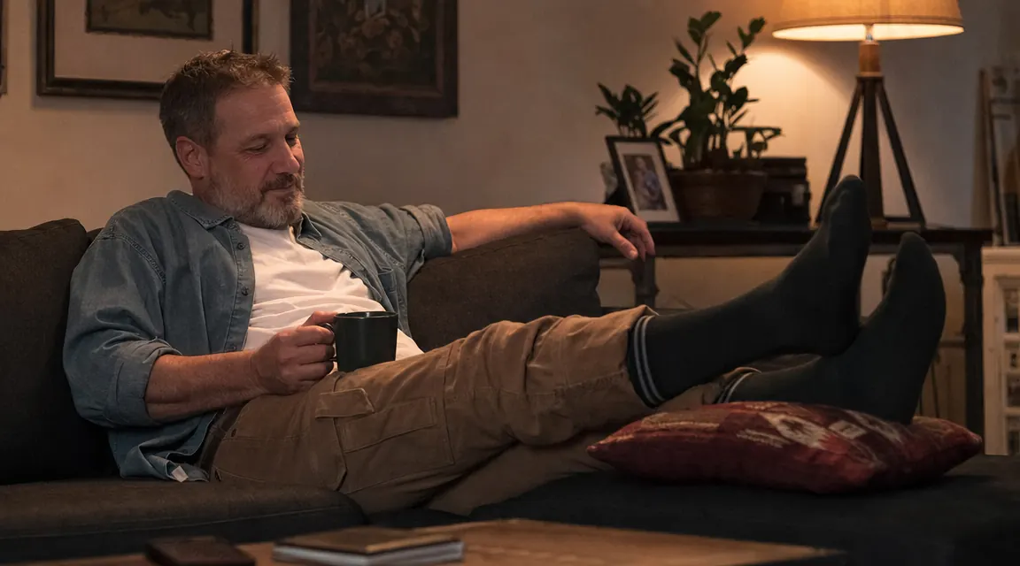 Man relaxing on a couch at home after work, feet elevated on a pillow, compression socks still on