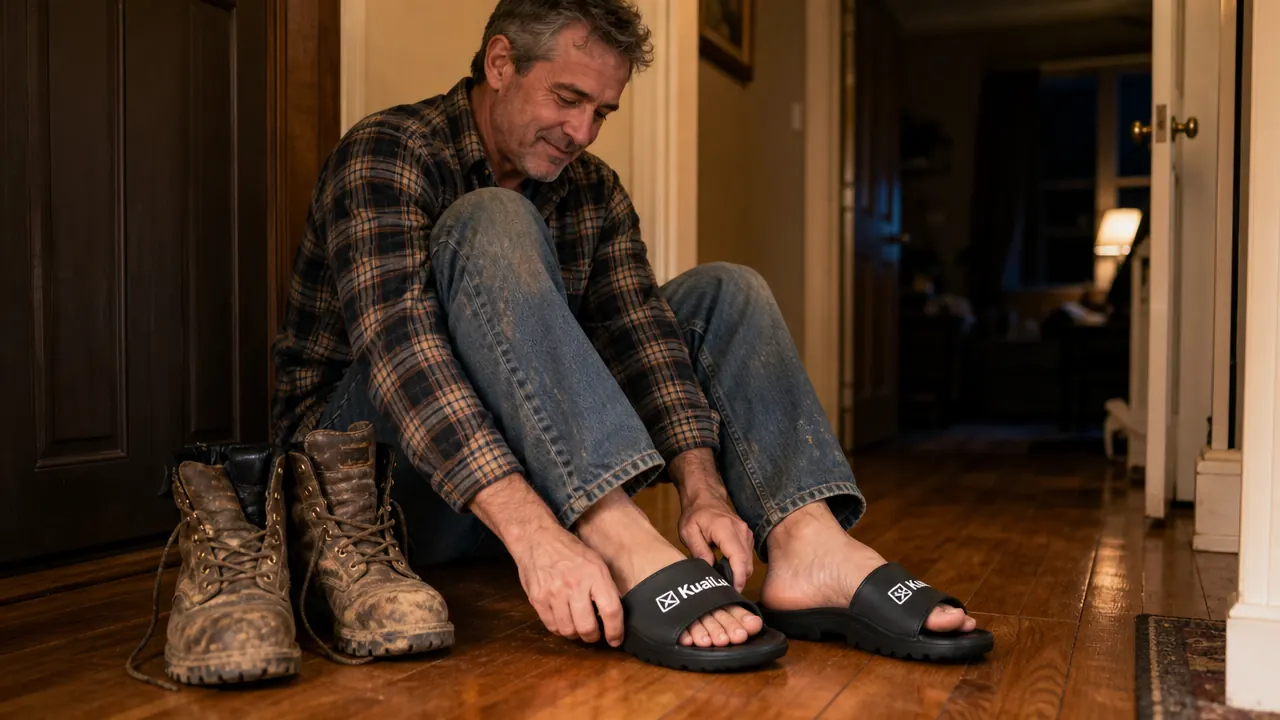 KuaiLu arch support sandals on a wood floor next to a pair of work boots