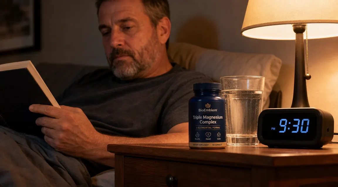 BioEmblem Triple Magnesium Complex bottle on a nightstand next to a glass of water