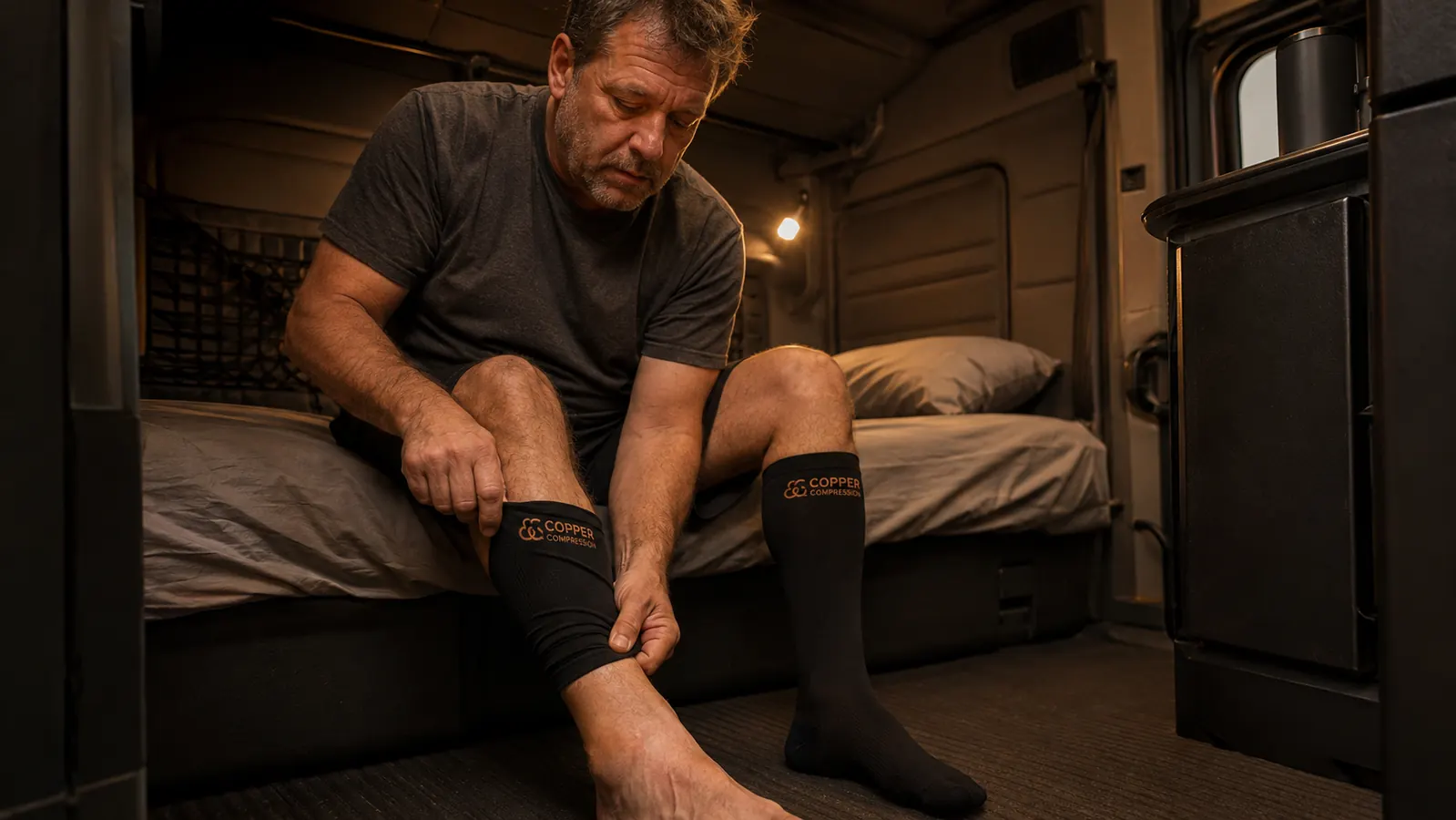 Six pairs of folded copper compression socks in a flat lay arrangement on a wooden surface
