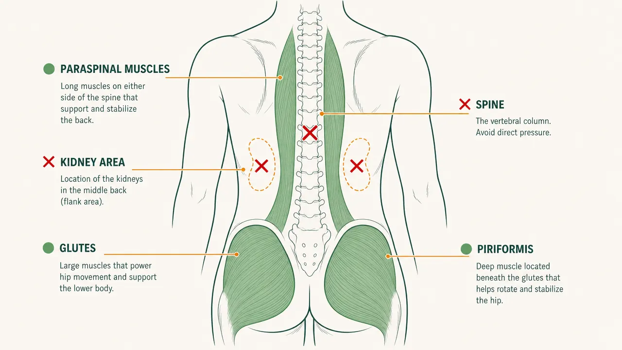 Illustration showing the safe massage zones on the lower back and hips: the paraspinal muscles, glutes, and hip flexors highlighted in green, the spine and kidneys marked with a red no-go zone