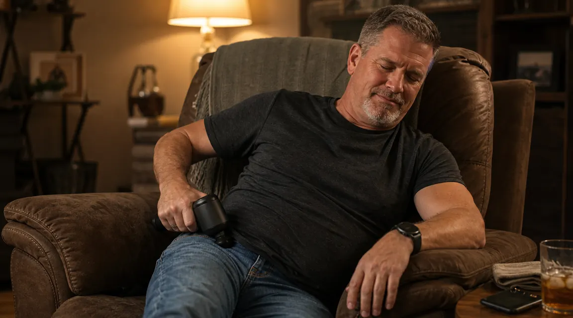 Truck driver sitting in a recliner chair at home after a shift, running a massage gun along his outer hip and glute, relaxed expression, evening setting