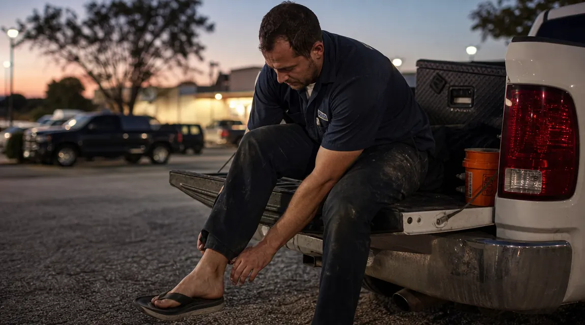Man in work clothes sitting on a tailgate slipping on recovery sandals after a shift