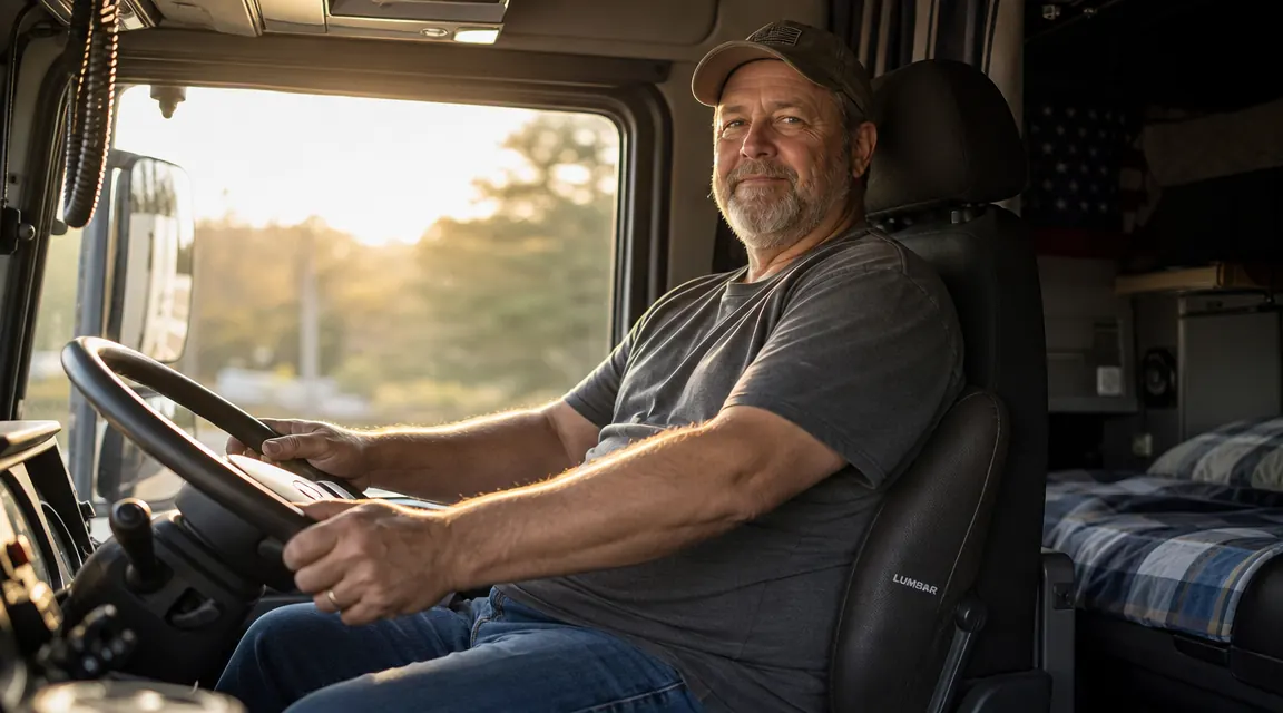 Driver sitting relaxed in truck cab with lumbar pillow in place, hands on steering wheel