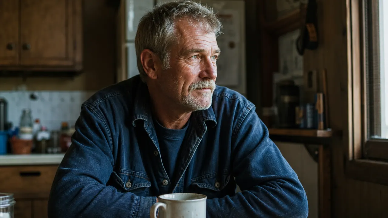 Man sitting at a kitchen table with a cup of coffee, looking relaxed and reflective