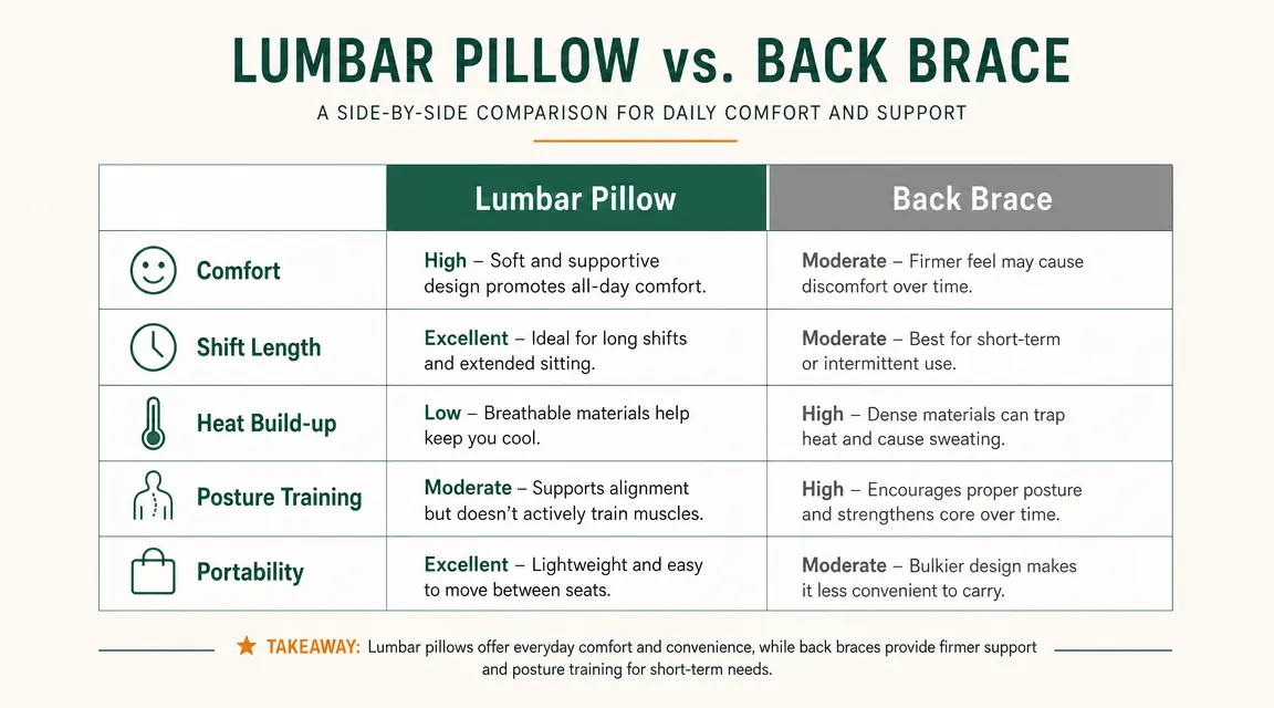 Side-by-side comparison chart showing lumbar pillow versus back brace across five key criteria
