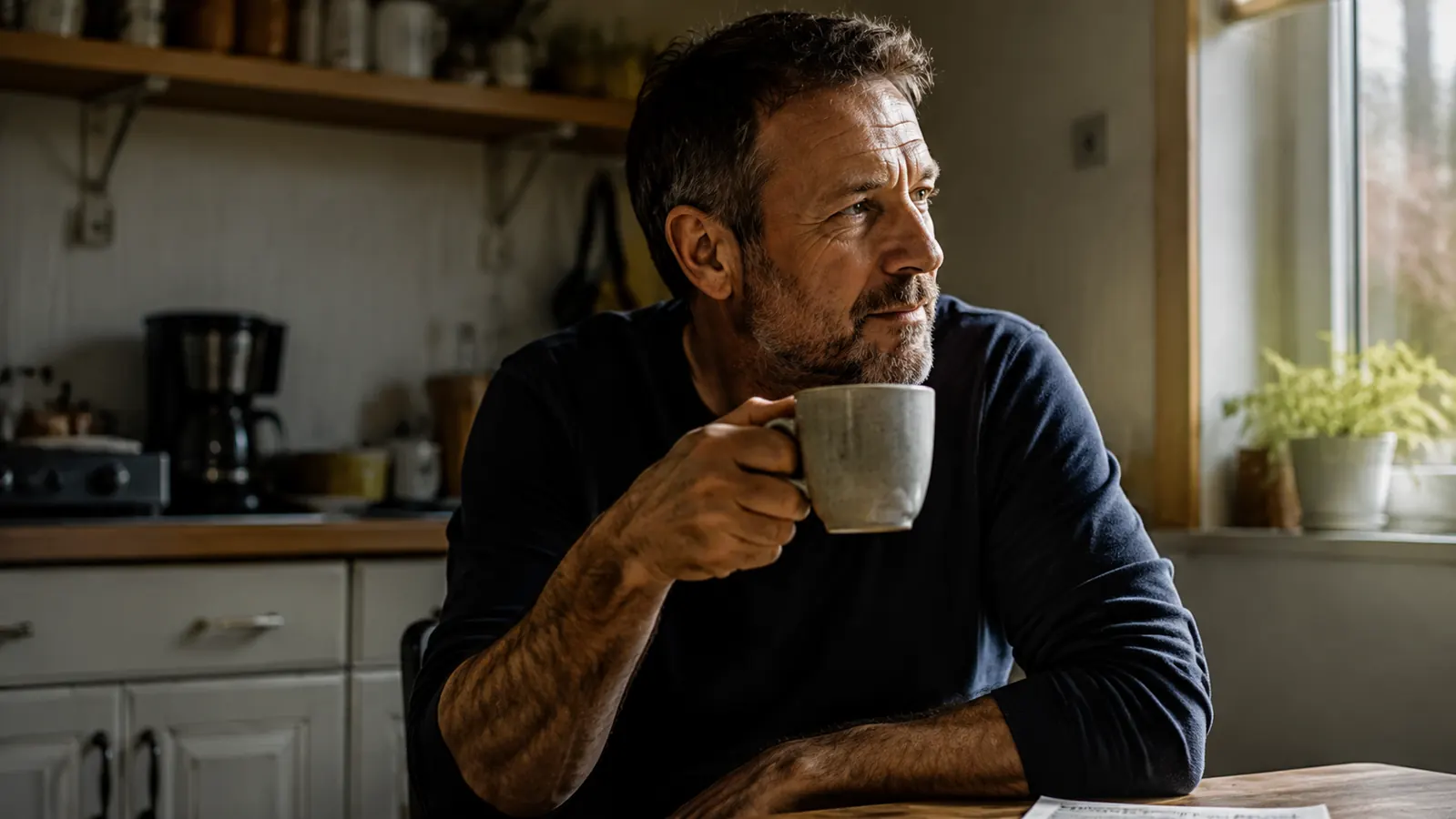 Man sitting at a kitchen table with a cup of coffee, relaxed posture, morning light through the window