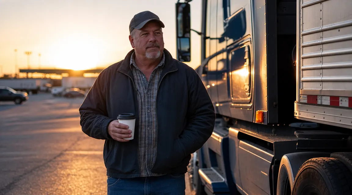 Truck driver walking away from his rig in the morning looking relaxed, cargo yard in background, soft early sunlight
