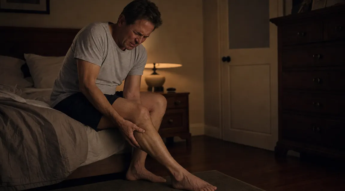 Man in his 50s sitting on the edge of a bed at night, hands on calf with expression of discomfort from a leg cramp