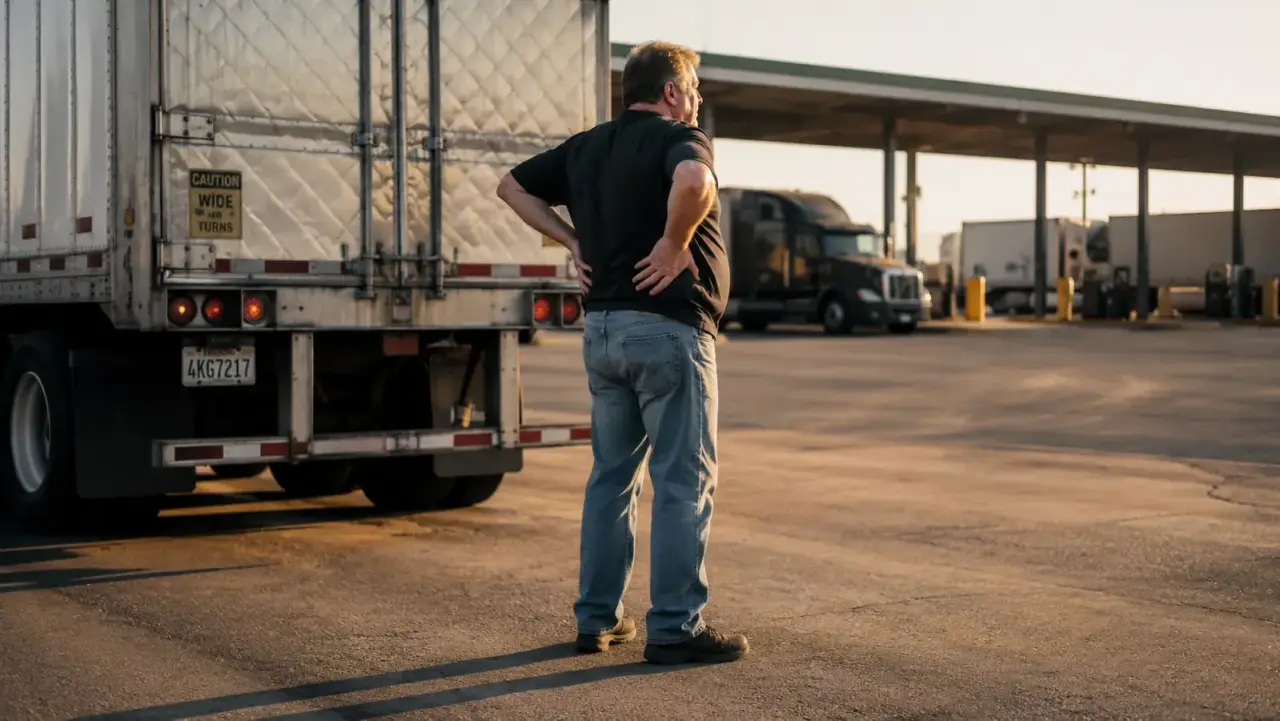 A man standing at the back of a semi-trailer doing a light lower back stretch in a truck stop parking lot, late afternoon sun