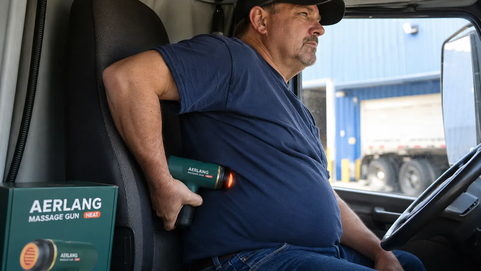 Hand holding the AERLANG heated massage gun against a lower back while sitting in a truck cab seat