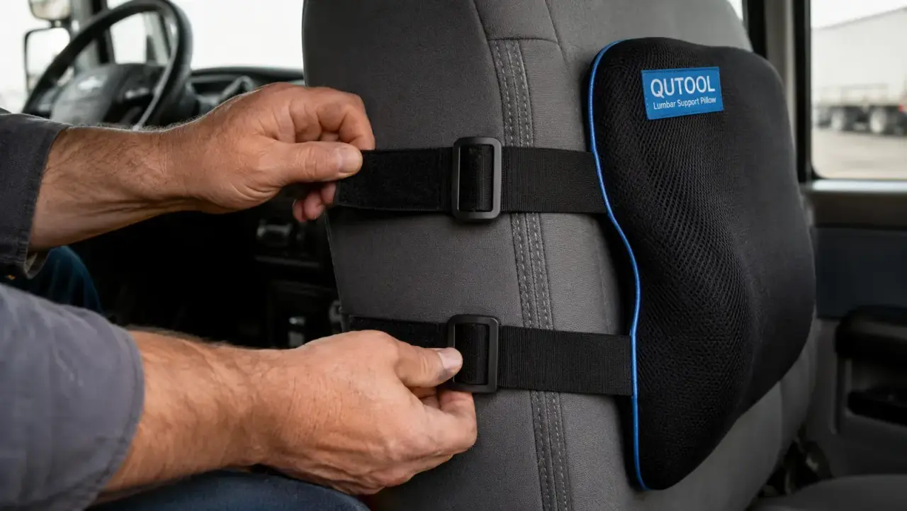 Person adjusting the dual strap system on a lumbar support pillow mounted to an office chair