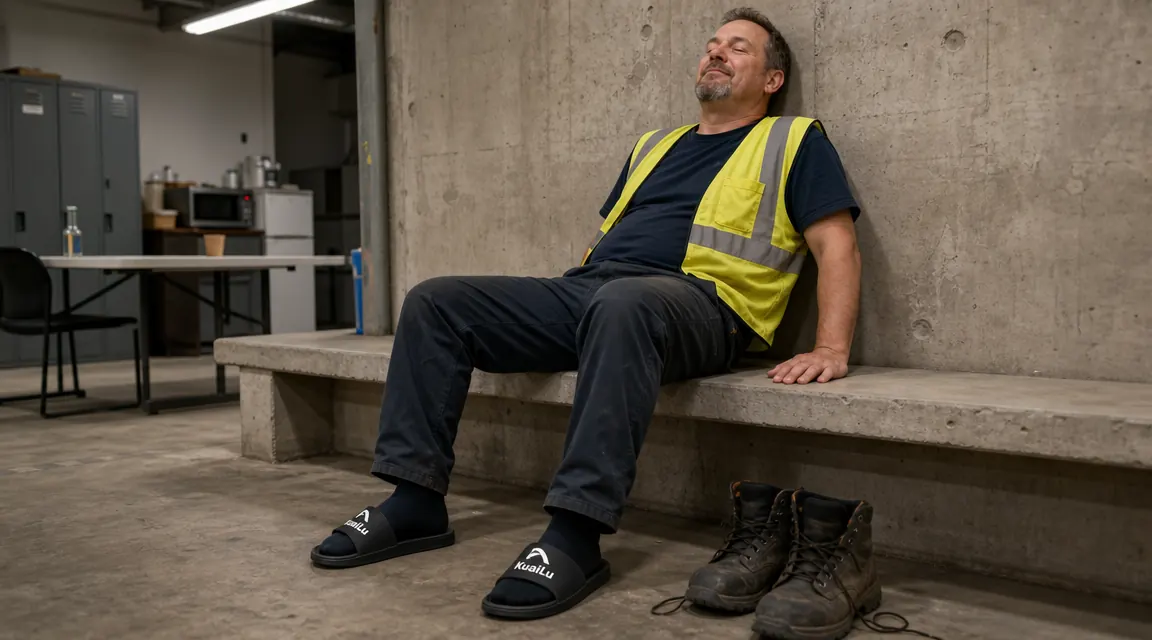 KuaiLu arch support recovery sandals placed next to steel-toe work boots on a locker room floor