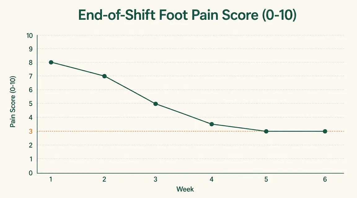 Chart showing foot pain level at end of shift over a six-week period, starting high and trending down after week two