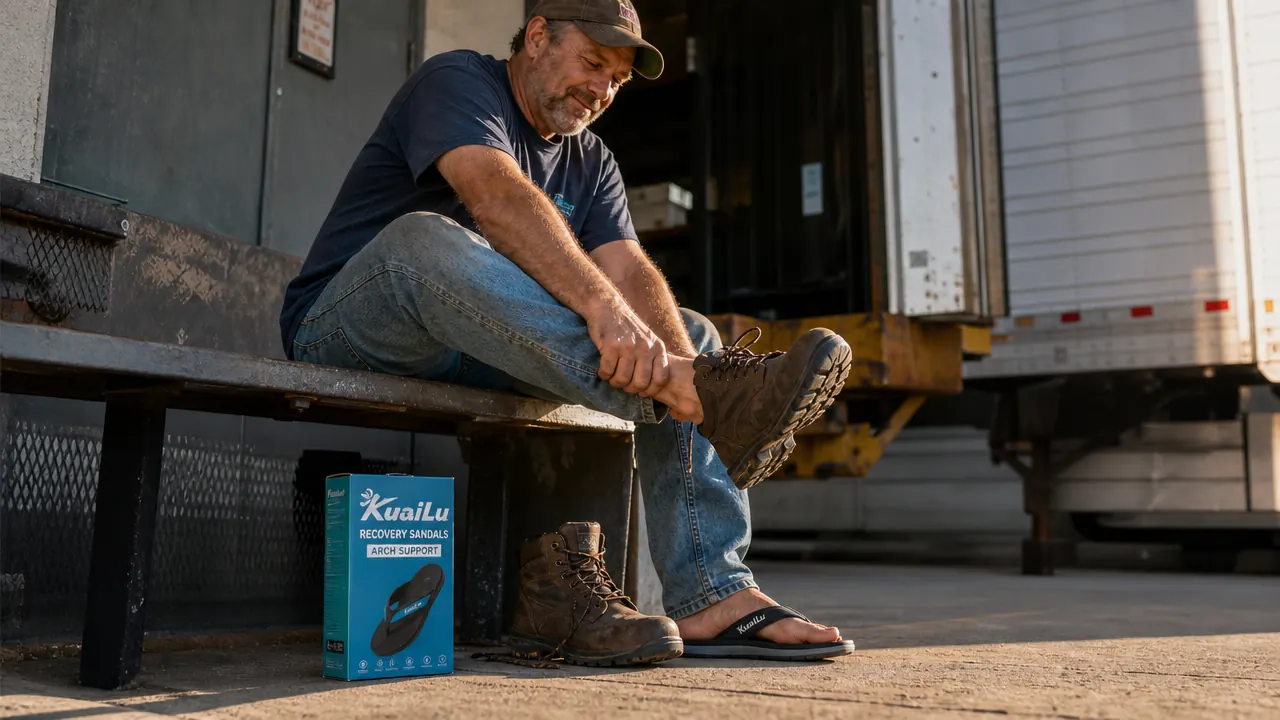 Man sliding feet into arch support recovery sandals after removing heavy work boots