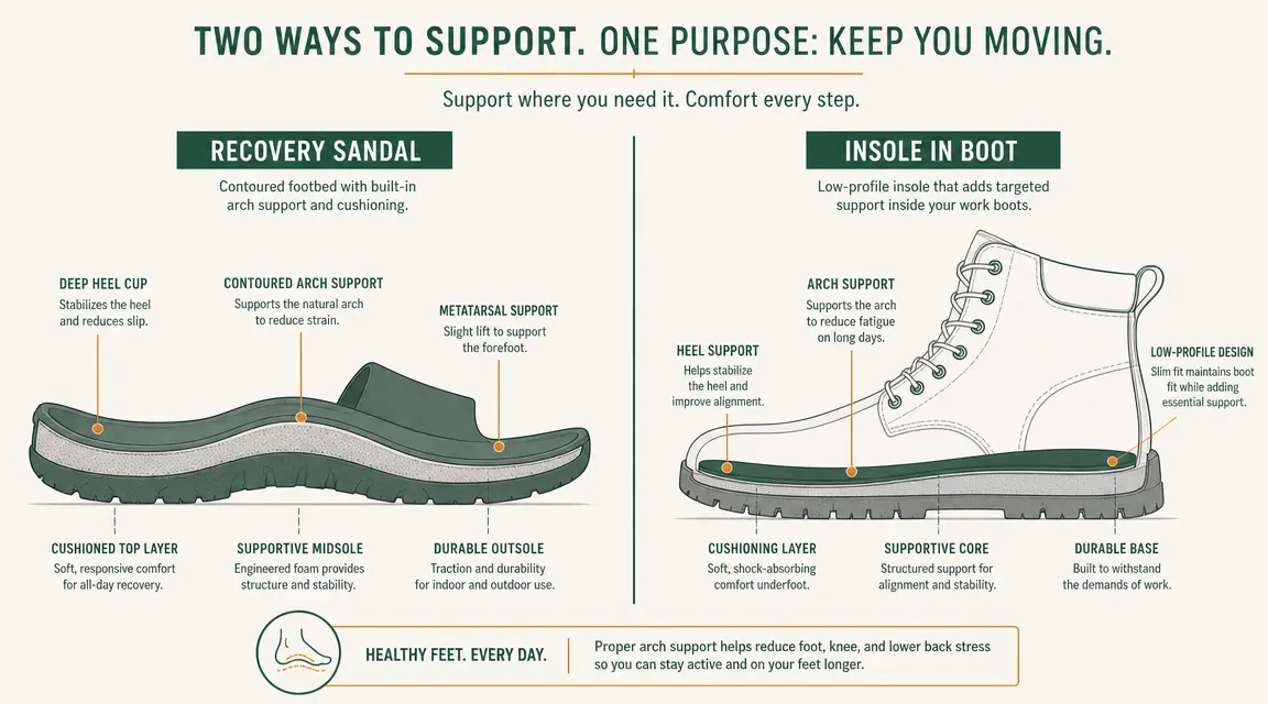 Side-by-side diagram comparing arch contour of a recovery sandal versus a flat insole inside a work boot